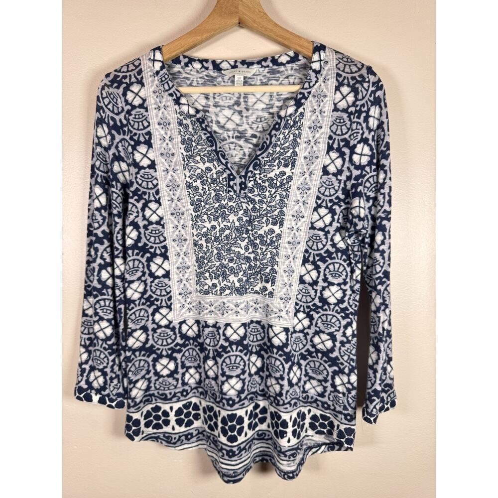 Lucky Brand Womens Peasant Blouse Top Blue Boho Festival Floral Tunic Small